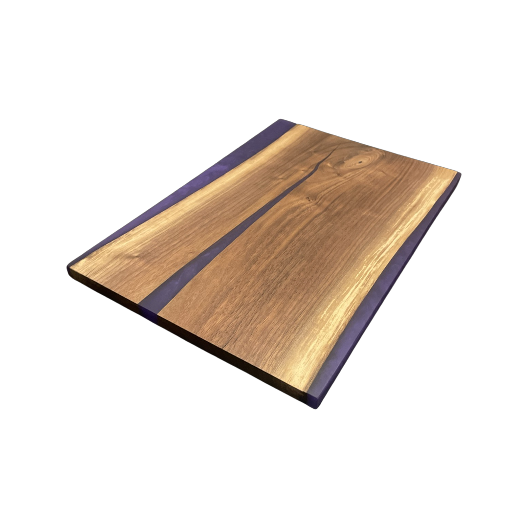 15-3/8"x 10-1/4" Live edge black walnut charcuterie board with purple haze epoxy