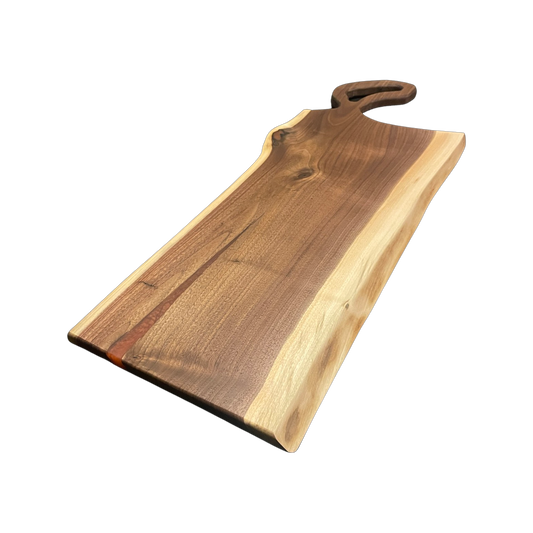 Black walnut charcuterie board with cut out handle and copper epoxy resin